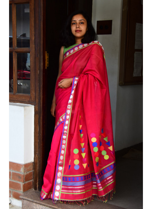 Red,Handwoven Organic Cotton, Textured Weave , Jacquard, Work Wear Saree